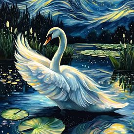 Der weiße Schwan tanzt auf dem See - Sternennacht von MIROKKU