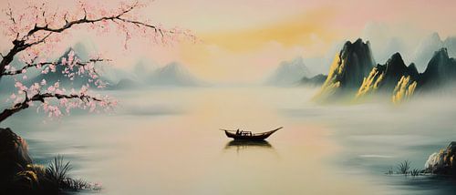 Peaceful landscape with boat in the fog