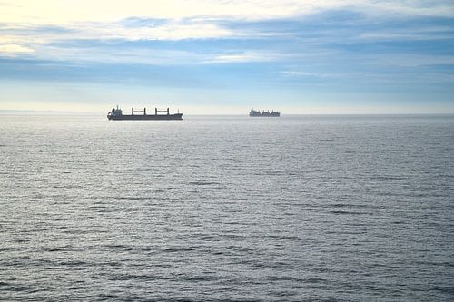 Twee vrachtschepen glijden over een kalme zee onder een heldere hemel.