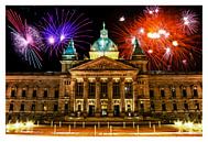 Duitse stad Leipzig bij nacht met vuurwerk van Atelier Liesjes thumbnail