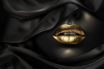 Goldene Lippen mit schwarzem Hintergrund als elegantes Kunstwerk von Digitale Schilderijen