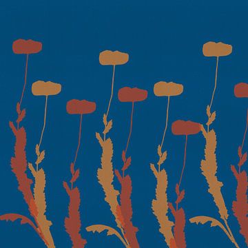 Moderne minimalistische botanische Kunst. Mohnblumen in Terra und Ocker auf Blau. von Abstrakte minimalistische Kunst