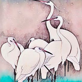 Vintage Japanese cranes by the bath by Mad Dog Art