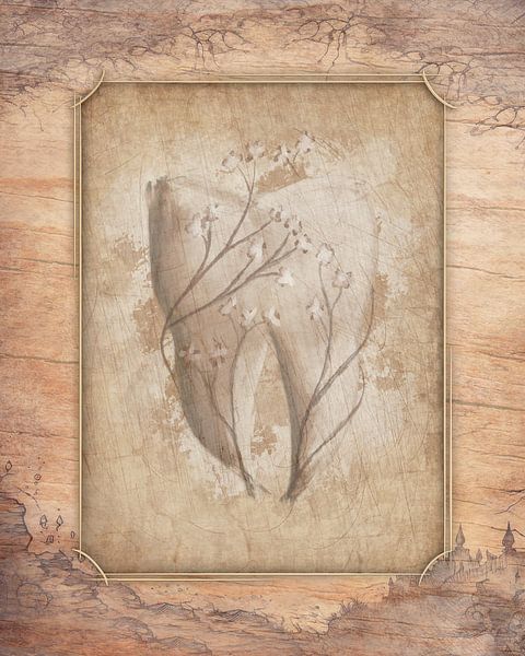 Surreal painting with tooth and flowers, in antique vintage style by SergeivoArt