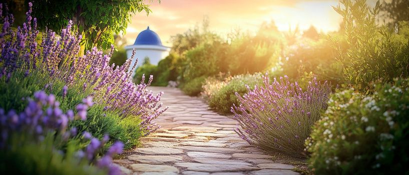 Garden path in bloom at sunset by Poster Art Shop