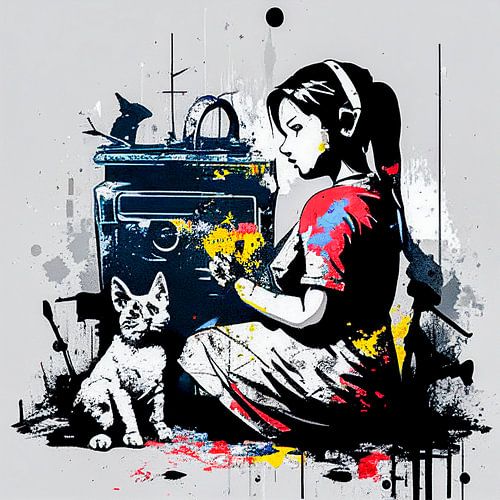 Pop Art Banksy, Girl and cat. Digital Street Art