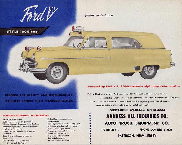 1953 Ford Junior Ambulance reclame advertentie van Atelier Liesjes
