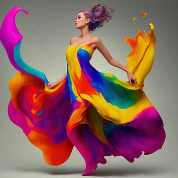 Vrouw in Felle kleuren in haar jurk