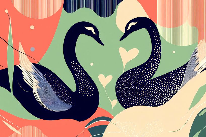 Swans in unison - Colourful harmony by Poster Art Shop