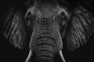 Portrait d'un éléphant en noir et blanc sur Digitale Schilderijen