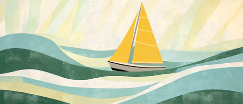 Gele zeilboot op zachte golven