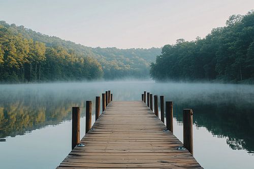 Mistige steiger bij bosmeer