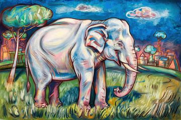 White elephant next to skyline by Art & Soul Creations