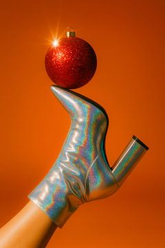 Glitter bauble on holographic heel - modern festive fashion composition by But First Framing