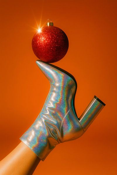 Glitter bauble on holographic heel - modern festive fashion composition by But First Framing