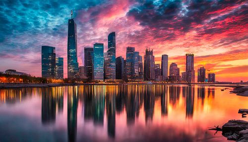 Zonsondergang met stad