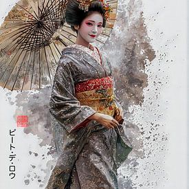 Geisha glimlachend van Peet de Rouw