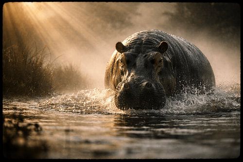 Hippopotame dans un contre-jour doré – un moment sauvage intense dans des eaux agitées