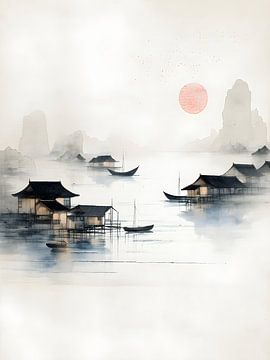 Village de pêcheurs japonais dans le brouillard