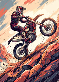 Motocross rider wheelie on rocky terrain, dynamic action illustration by Adam Khabibi