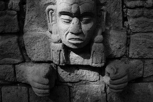 La lumière du soir tombe sur une sculpture maya dans les ruines de Copan
