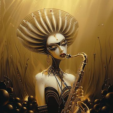 Sunflower Queen playing saxophone | Abstract van Karina Brouwer