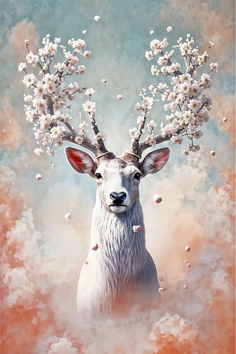white stag with cherry blossoms