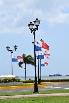 Die Straßenlaternen der Stadt und ihre Fahnen