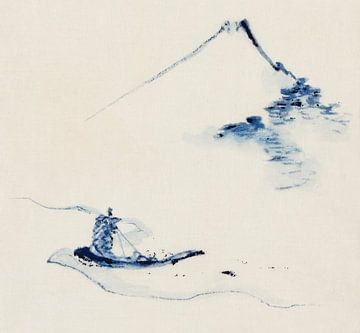 Japanse vintage kunst. Een persoon in een kleine boot... door Katsushika Hokusai van Dina Dankers