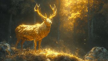 Cerf doré dans une lumière mystique de la forêt sur artefacti