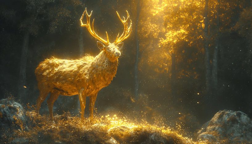 Golden stag in mystical forest glow by artefacti