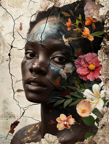 Cracked Portrait of Woman with Vibrant Flowers