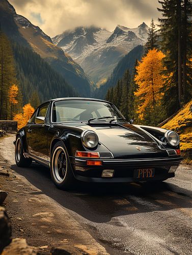 Zwarte Porsche in berglandschap_7 van Bianca Bakkenist