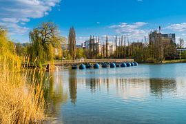 Deutschland, Freiburg im Breisgau Stadtpark Seepark See Wasserschwimmbrücke umgeben von grüner Natur von adventure-photos