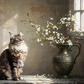 Vintage Maine Coon Katze mit Blumenvase – Nostalgisches Landleben Gemälde von Emiel de Lange