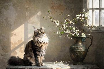 Chat Maine Coon vintage avec vase et fleurs – Peinture rustique nostalgique