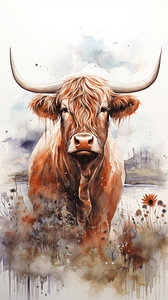 Schottische Hochlandkuh mit Hörnern, Aquarell-Ölgemälde-Design, vertikal