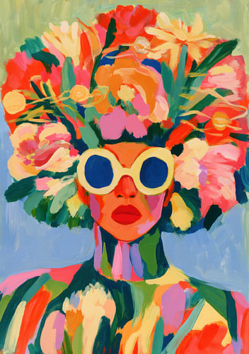 Abstract: Floral Muse – A colourful portrait wearing sunglasses