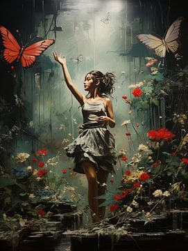 Banksy Style Mädchen mit dem roten Schmetterling von Bianca Bakkenist