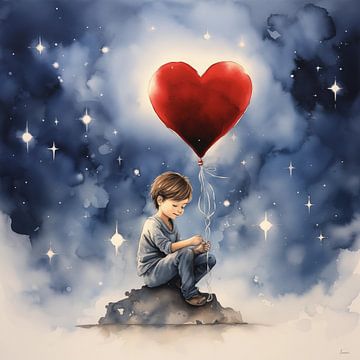 Little boy with red balloon under the stars by Lauri Creates