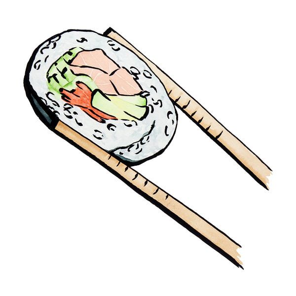 Uramaki Sushi mit Lachs (realistische Aquarellmalerei Reis Seetang köstliche gesunde Lebensmittel) von Natalie Bruns