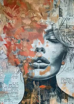 Collage van emoties: Het vrouwelijke portret in rood en tekst van Color Square