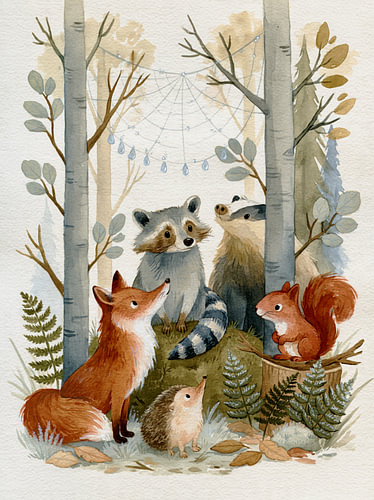 Les amis de la forêt dans la forêt de bouleaux – Les animaux de la forêt découvrent des toiles d'araignées givrées