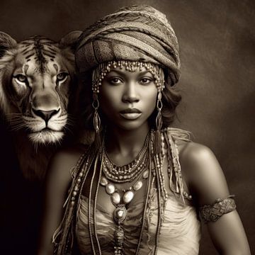 Afrikanische Frau mit Löwe von Carla Van Iersel