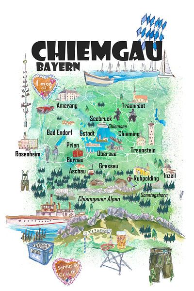 Chiemgau Deutschland Illustrated Travel Poster Favorite Map Tourist Highlights von Markus Bleichner