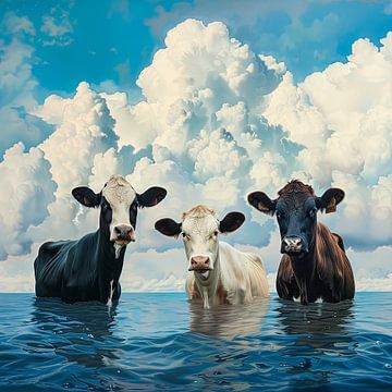 Drie Koeien in het Water - Realistische Kunst van Vlindertuin Art