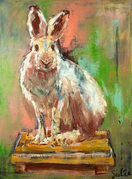 Wit konijn op tafeltje van Liesbeth Serlie