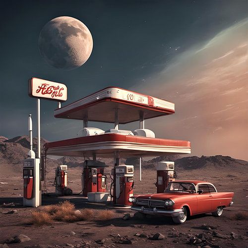 Retro-Tankstelle auf dem Mond