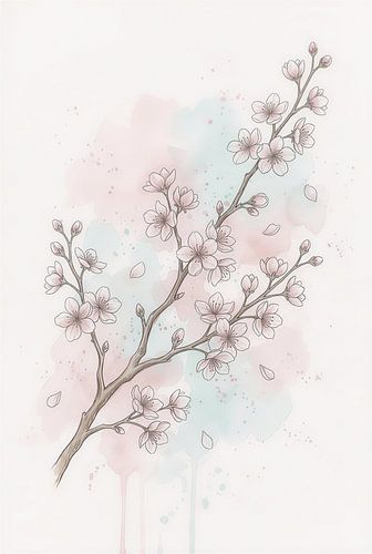 Minimalistischer Kunstdruck mit Kirschblüten in Aquarelltechnik