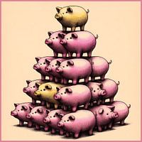 Piramide van roze en gele varkens